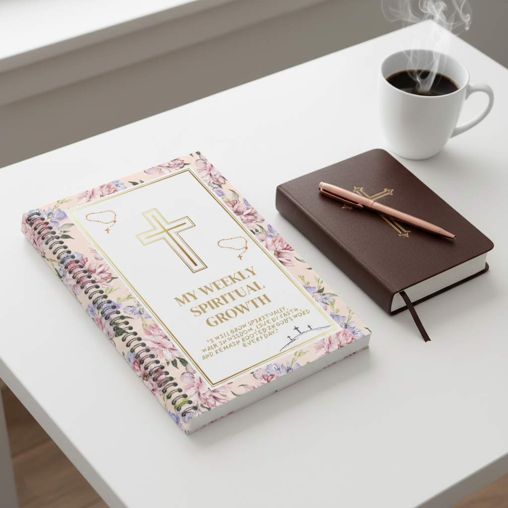 Weekly Bible Study Journal — styled flat lay mockup with Bible, coffee and pen